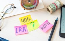 Sticky notes with 401k, IRA, ? , ROTH words. West Financial Services. 
