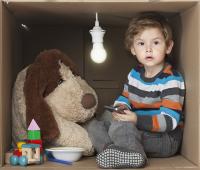 Stuffed dog and boy playing in a box. West Financial Services