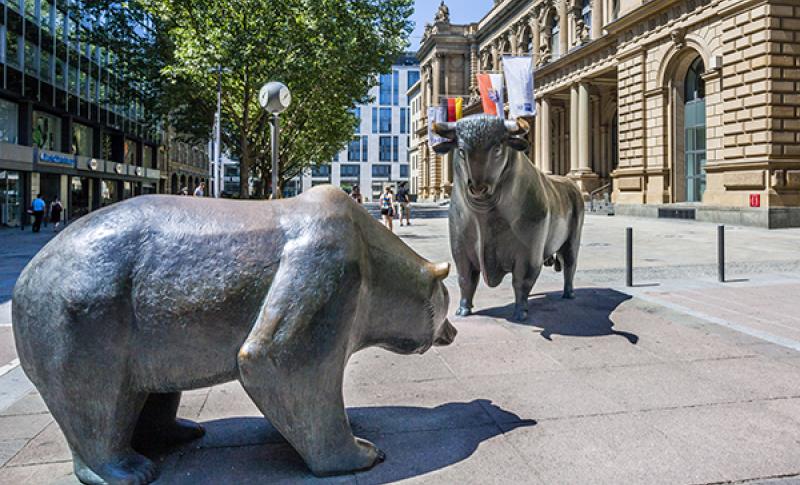 Bull and bear statues on Wall Street. West Financial Services