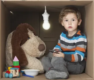 Stuffed dog and little boy playing in a cardboard box. West Financial Services.