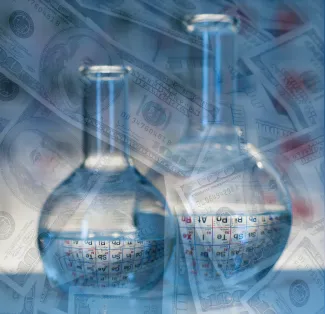 Two Flasks with dollar bills floating around them. West Financial Services.