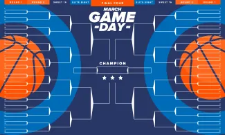 Graphic of a basketball March Game Day bracket with 2 basketball. West Financial Services.