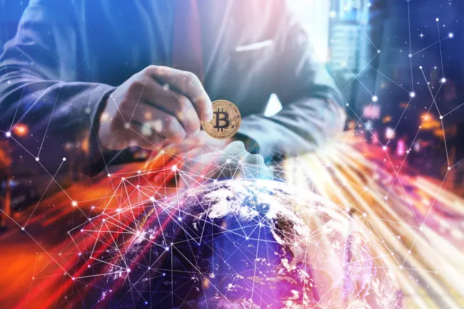 Conceptual image of a Bitcoin coin over a digitally connected globe, representing cryptocurrency investment, online transactions, and digital finance.