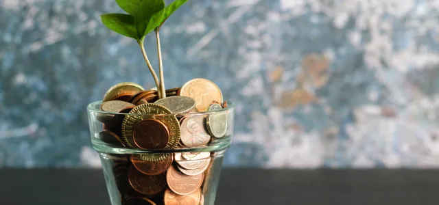 Small green plant sprouting from a glass jar filled with coins, symbolizing financial growth or investment.