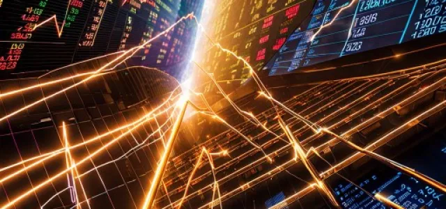 Abstract digital image of glowing financial graphs and stock market data screens with bright lines and colorful numerical patterns.