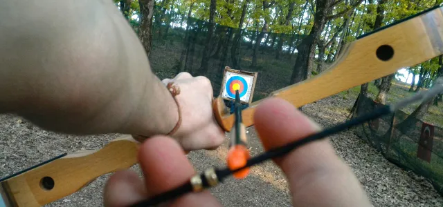 Close-up view from the archer’s perspective, aiming a bow and arrow at a target in a wooded outdoor setting.