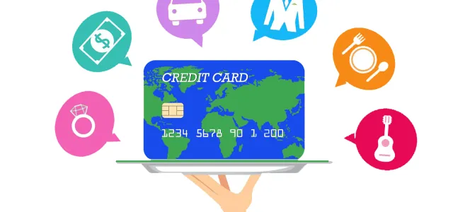 Illustration of a hand holding a laptop displaying a large credit card image, surrounded by colorful icons representing spending categories like travel, dining, shopping, and entertainment.