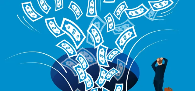 Illustration of a worried businessperson watching as numerous dollar bills swirl into a large hole, symbolizing financial loss or wasted money.