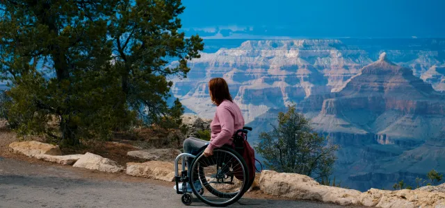 Person in a wheelchair admiring the view of the Grand Canyon from a scenic overlook on a clear day.