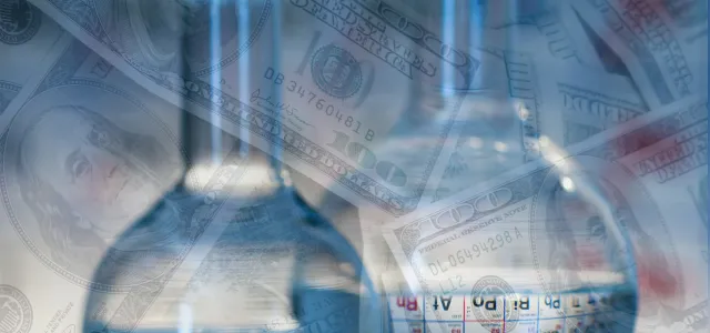 Two Flasks with dollar bills floating around them. West Financial Services.