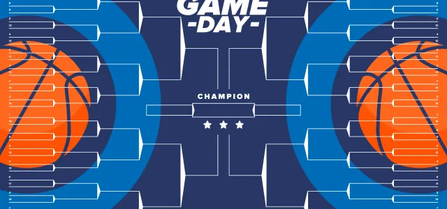 Graphic of a basketball March Game Day bracket with 2 basketball. West Financial Services.