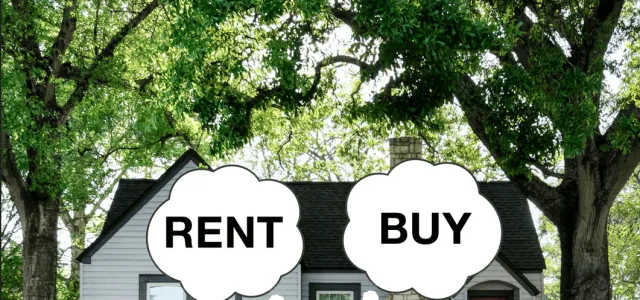 Person standing in front of a house with thought bubbles reading “RENT” and “BUY,” symbolizing the decision between renting or purchasing a home.